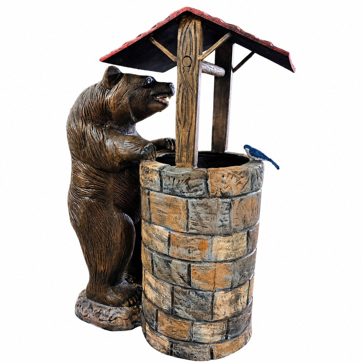 Cast aluminum wishing well with a 4-foot bear for gardens or flower beds