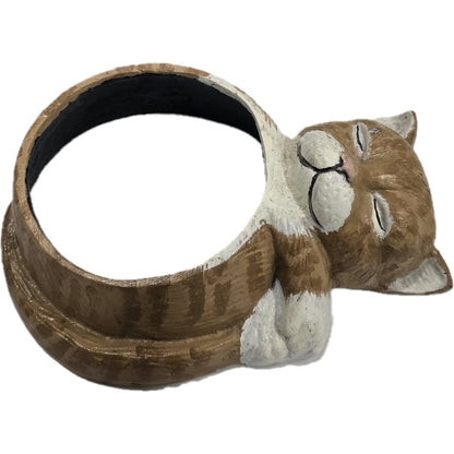 Sleeping cat planter, cast aluminum garden decor with cozy feline design for home or yard