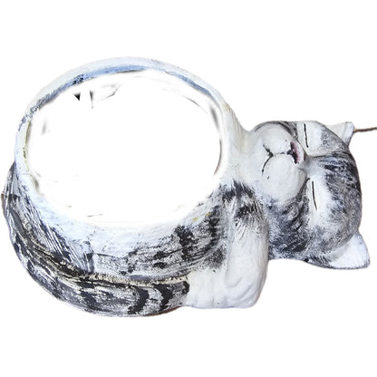 Sleeping cat statue planter, cast aluminum garden decor with distressed white finish