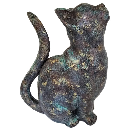 Cast aluminum cat statue with weathered bronze finish, perfect for garden or patio decor