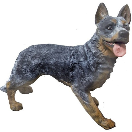 Cast aluminum Australian Cattle Dog statue for yard or home decor, lifelike pose with tongue out