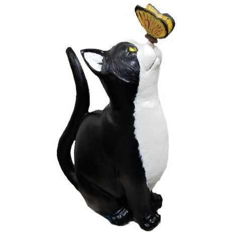 Black and white cat statue with butterfly, cast aluminum garden decor for yard or home