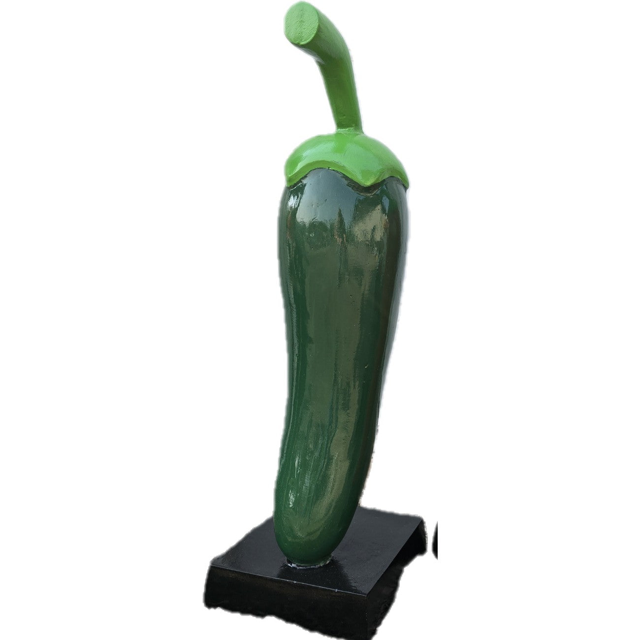 Cast aluminum jalapeño pepper statue for garden or patio decor, vibrant green with black base