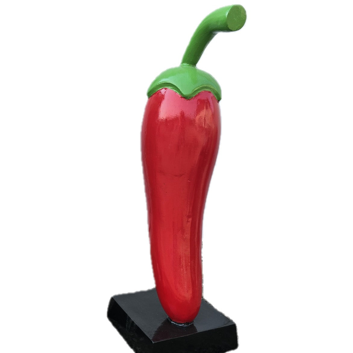 Red chili pepper cast aluminum statue with green stem, garden decor accent