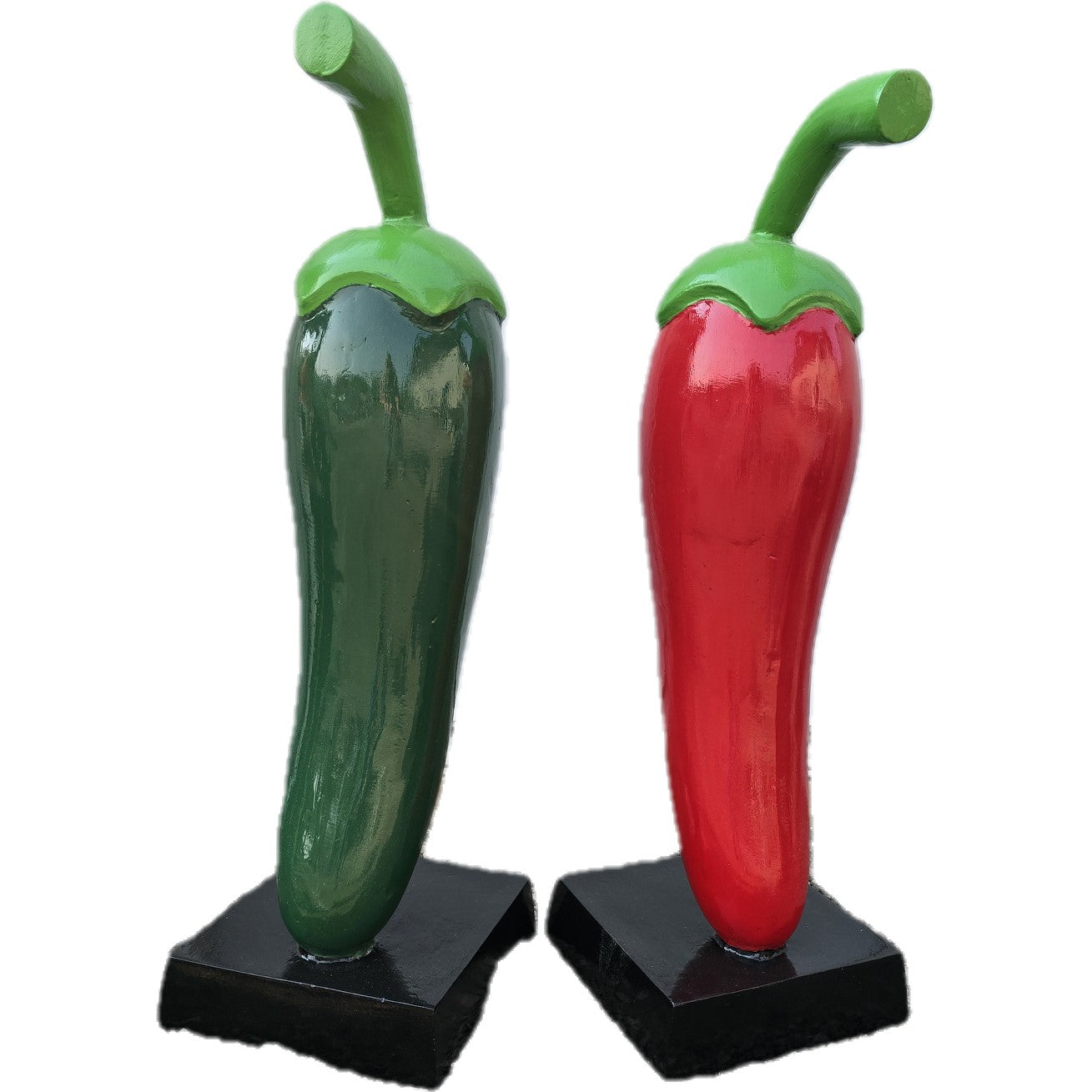 Cast aluminum green and red pepper statues for garden or home decor, vibrant outdoor accents