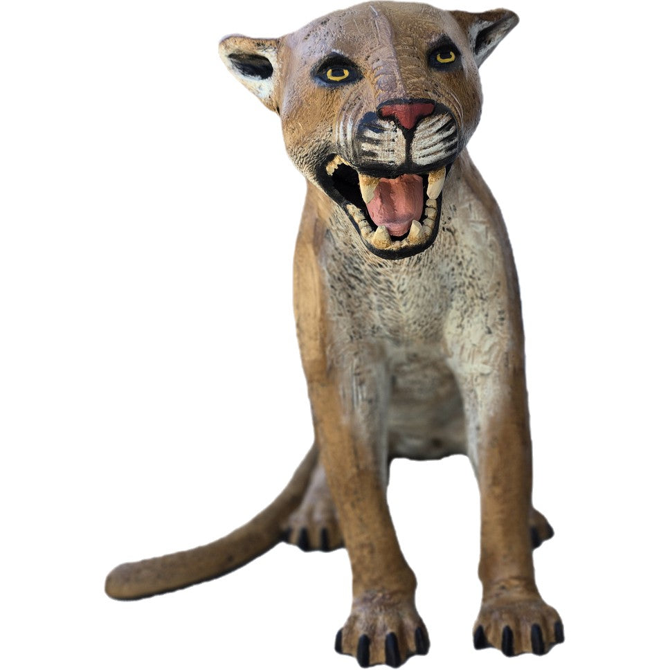 Cast aluminum cougar statue with open mouth, detailed fur and claws for yard or home decor