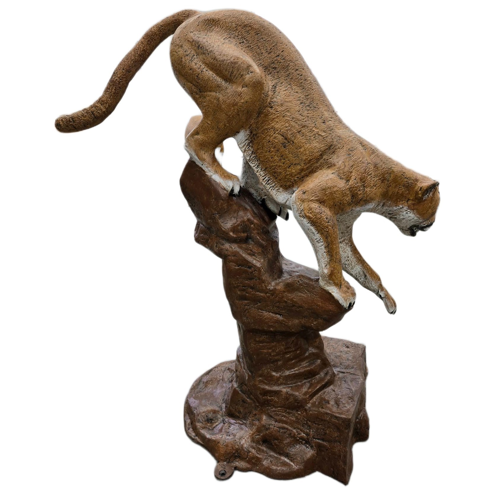 Cast aluminum cougar statue perched on rock, perfect for yard or home decor with lifelike detail.