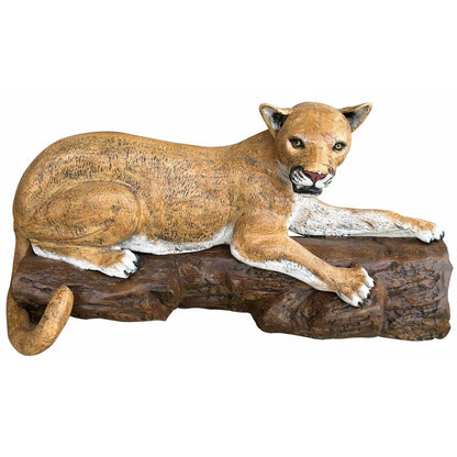 Cast aluminum cougar statue resting on log, perfect for yard or home decor with lifelike detail