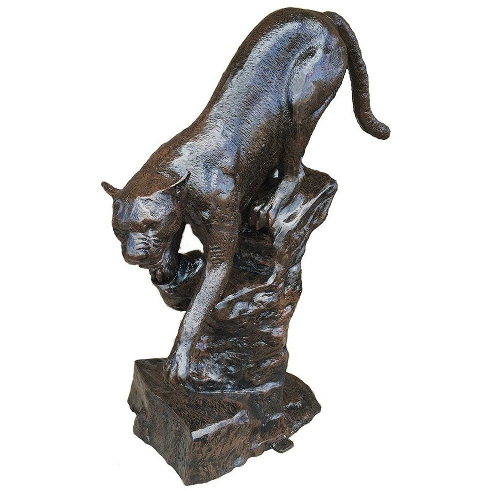 Cast aluminum panther statue poised on rock, ideal for yard or home decor with detailed craftsmanship