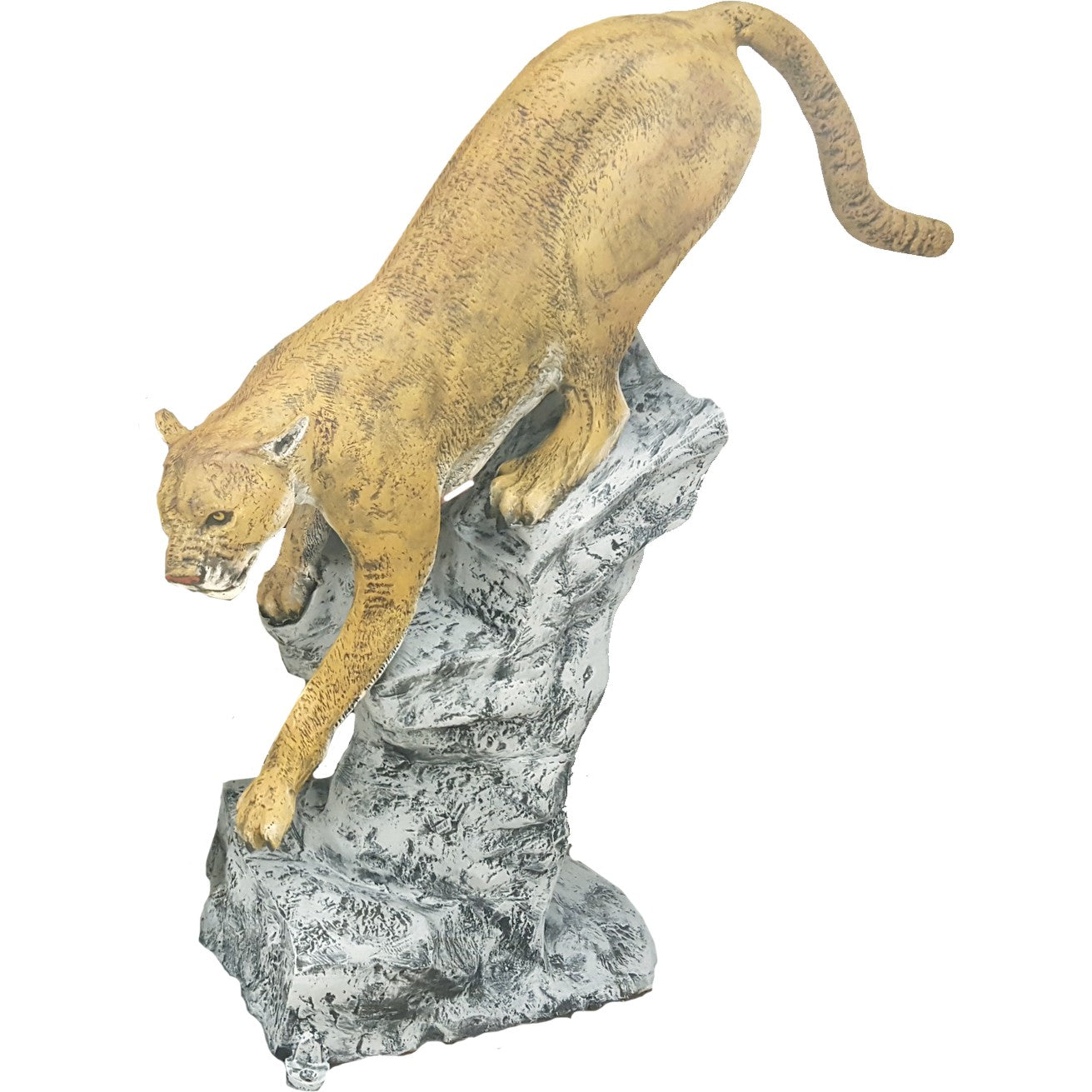 Cast aluminum mountain lion statue poised on rocky base for yard or home decor