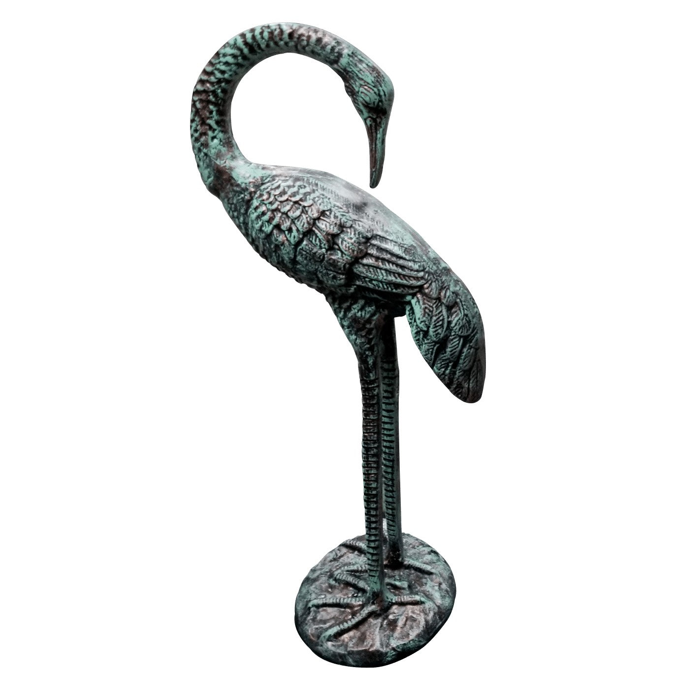 Cast aluminum crane statue with verdigris finish, perfect for garden or yard decor