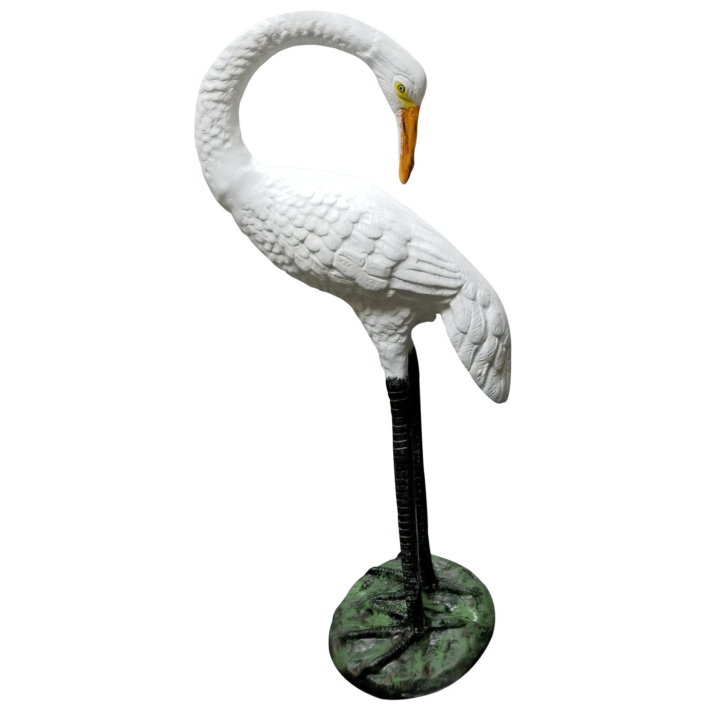 White cast aluminum crane statue with detailed feathers, ideal for yard or home decor