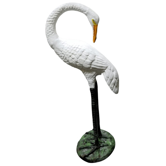 White cast aluminum crane statue with detailed feathers, ideal for yard or home decor