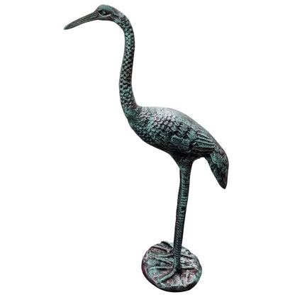 Cast aluminum crane statue with verdigris finish for garden or yard decor