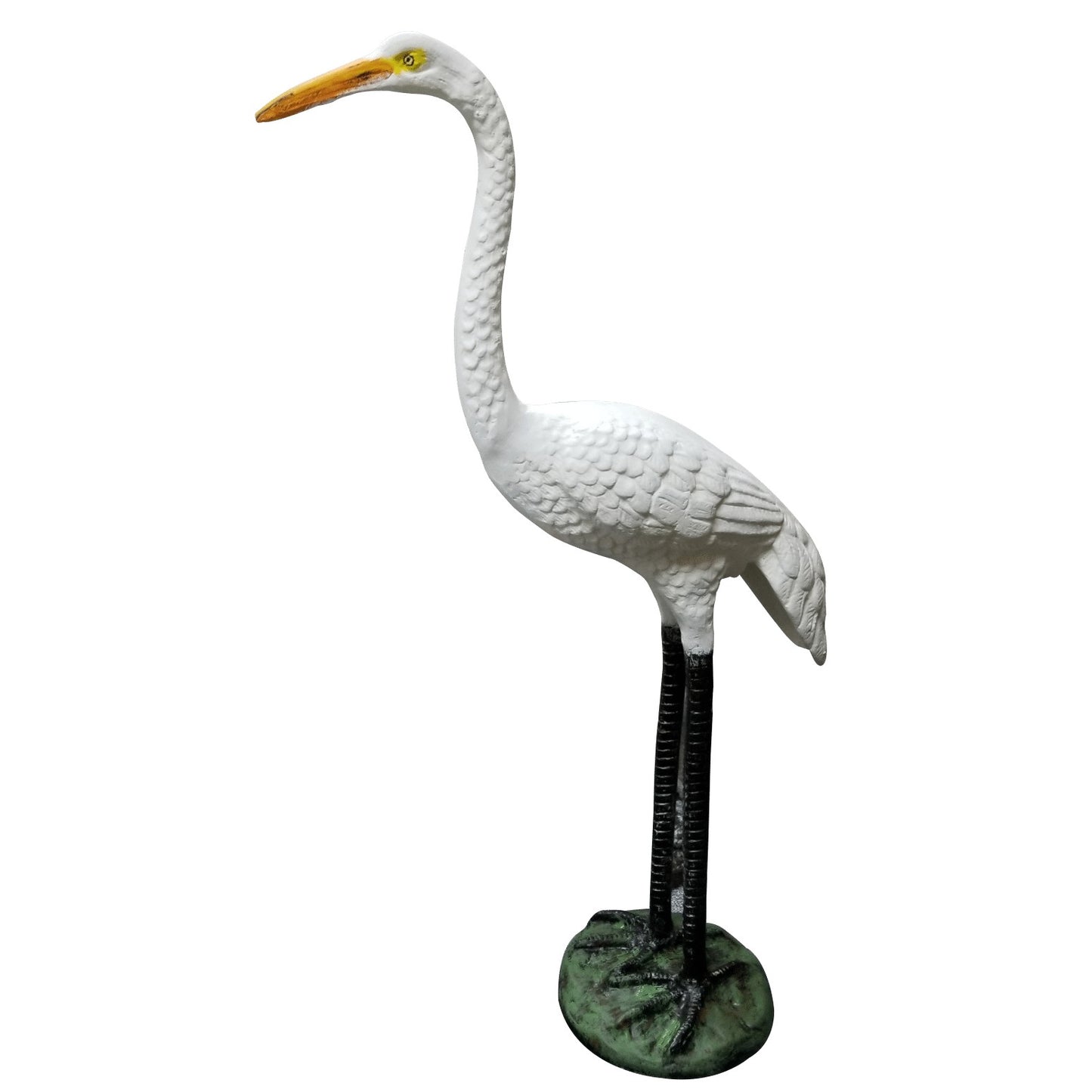 White heron statue with long neck and yellow beak, cast aluminum garden decor for yard or patio
