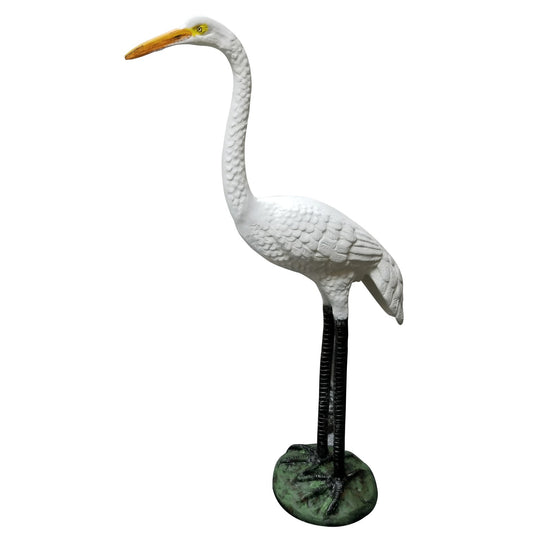 White heron statue with long neck and yellow beak, cast aluminum garden decor for yard or patio
