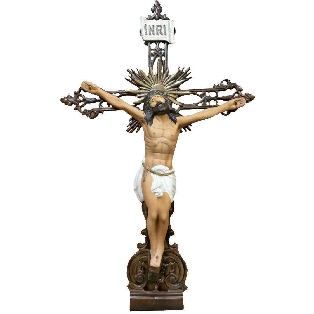 Cast aluminum crucifix statue with INRI sign, ornate cross, and sunburst halo for yard or home decor