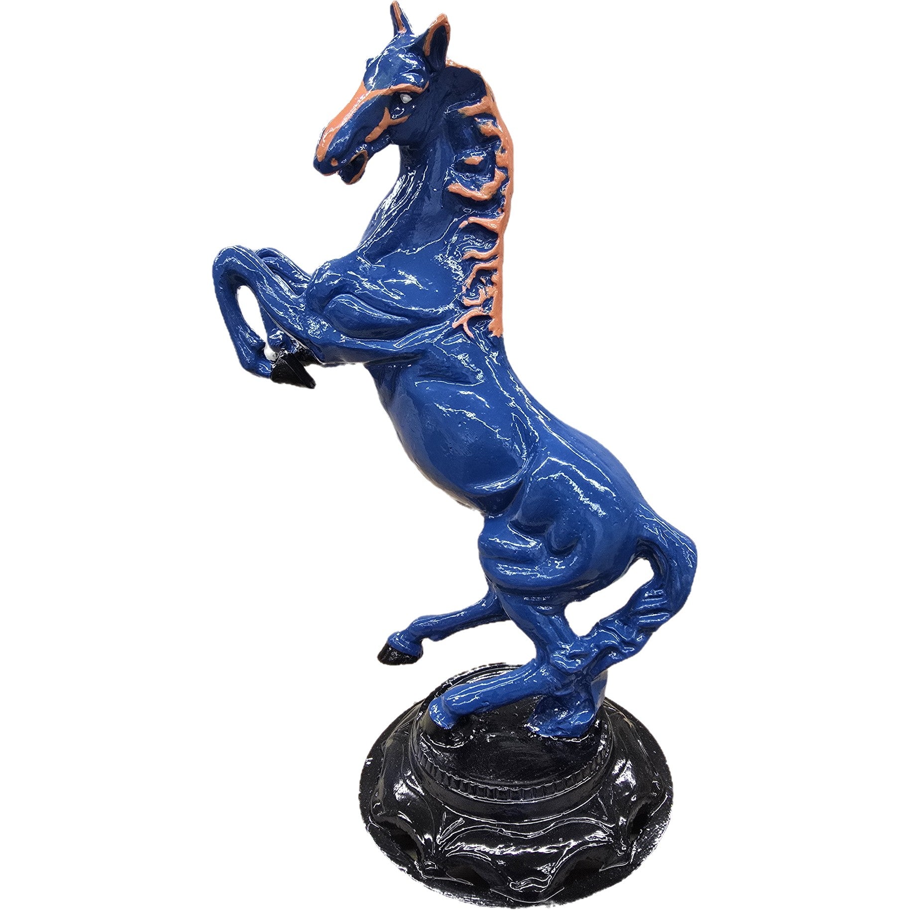 Blue rearing horse statue with bronze mane, cast aluminum garden decor on black base