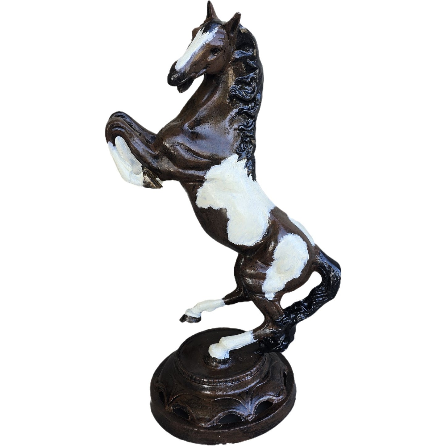 Cast aluminum rearing horse statue with brown and white paint, ideal for yard or home decor