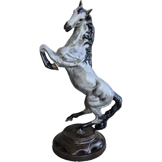 Cast aluminum rearing horse statue for yard or home decor with detailed mane and base