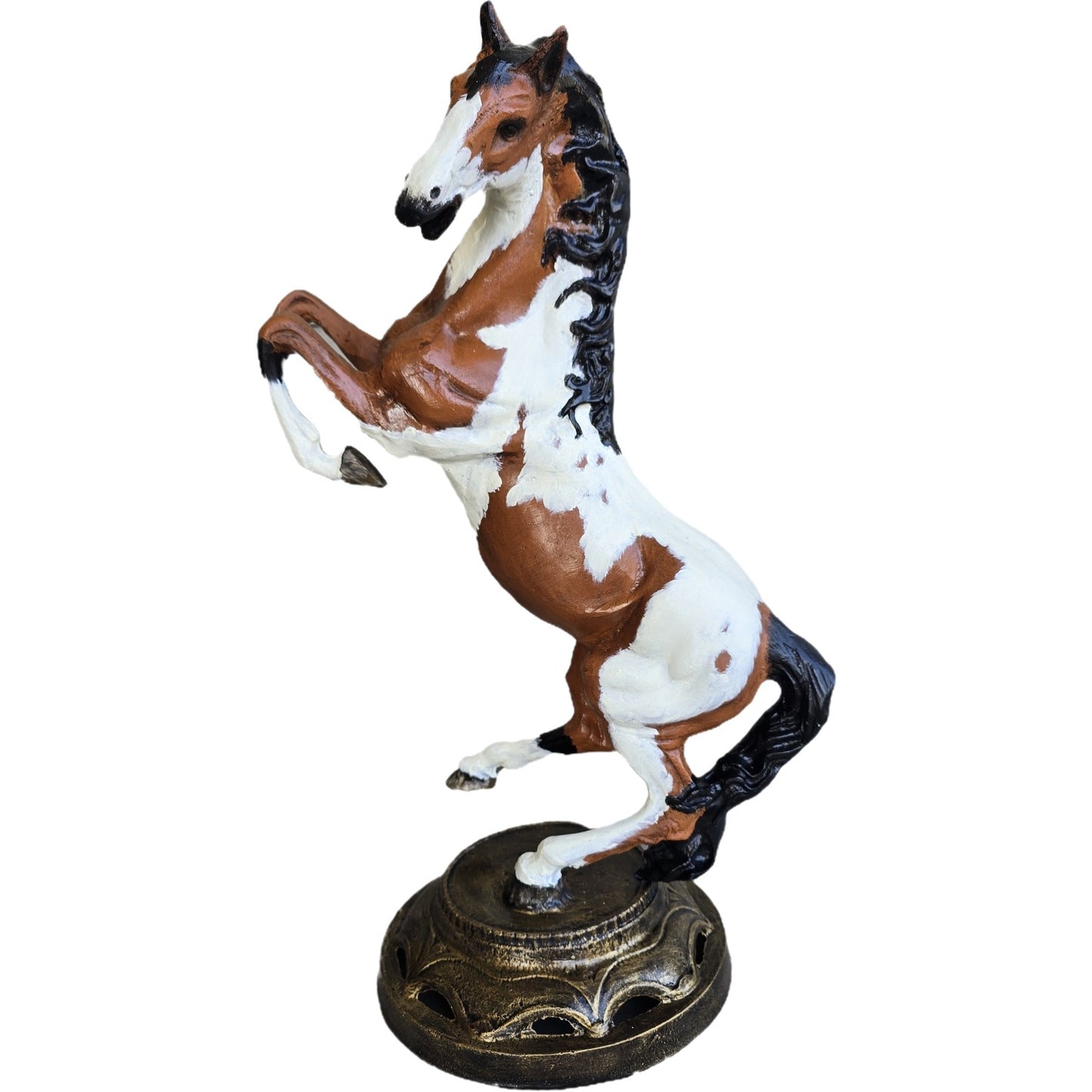 Cast aluminum rearing horse statue with brown and white paint, ideal for yard or home decor