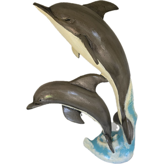 Cast aluminum dolphin statue duo leaping on wave base for yard or home decor