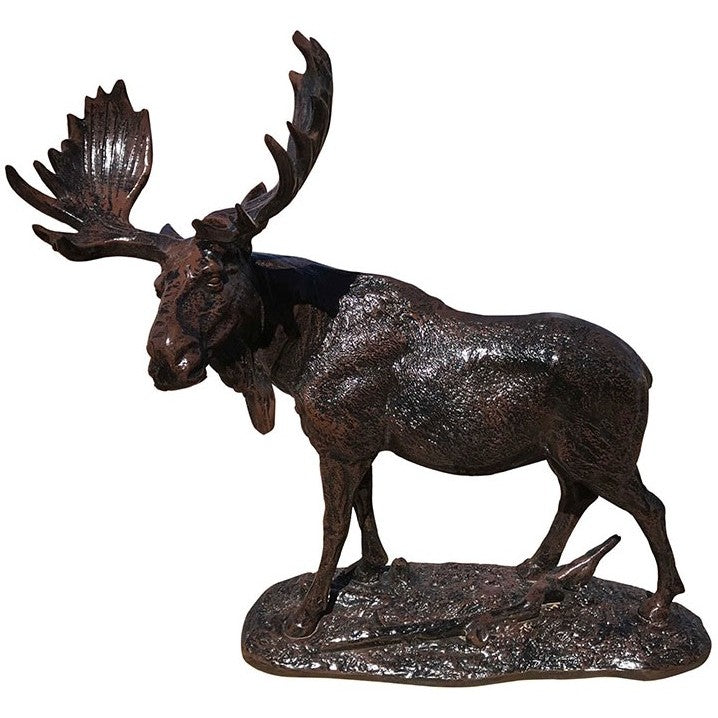 Cast aluminum moose statue with detailed antlers, perfect for backyard or home decor