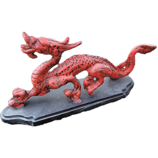 Red cast aluminum dragon statue for home or yard decor, detailed craftsmanship on black base