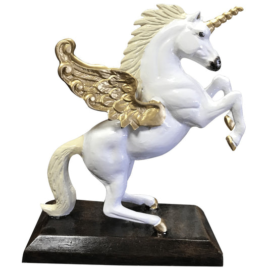White winged unicorn statue with gold horn and hooves, cast aluminum garden decor on dark base