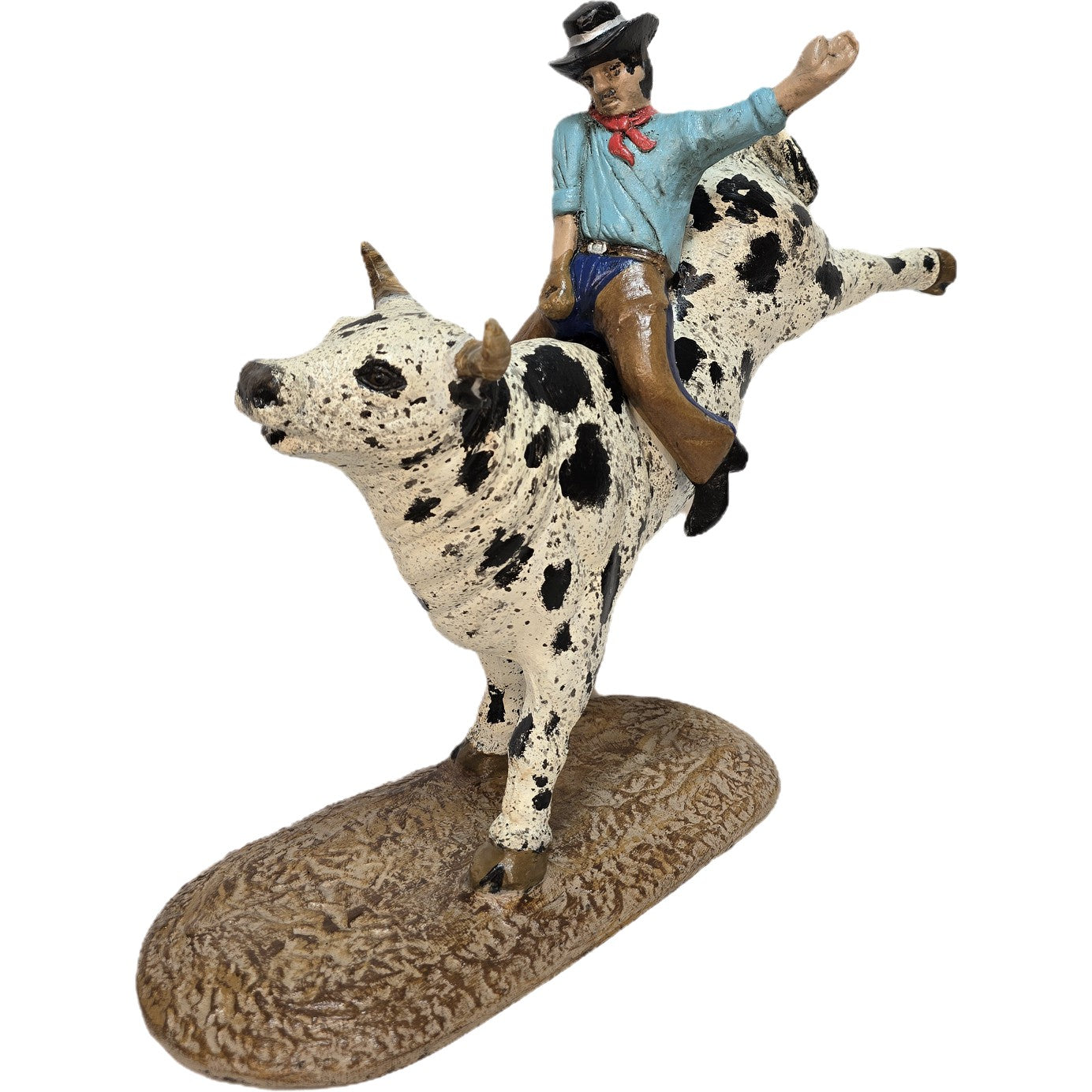 Cast aluminum cowboy riding spotted bull statue for home decor