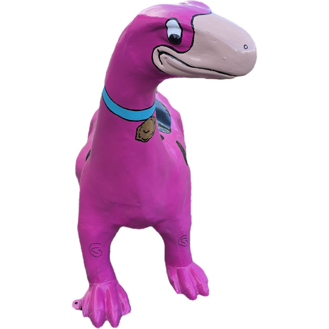 Pink cast aluminum dinosaur statue with blue collar, playful yard decor for home gardens