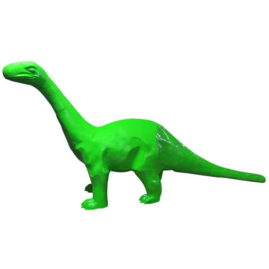Bright green cast aluminum dinosaur statue for yard or home decor, perfect backyard buddy