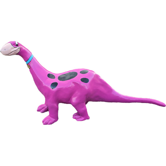 Pink dinosaur statue with black spots and blue collar, cast aluminum yard decor for home or garden