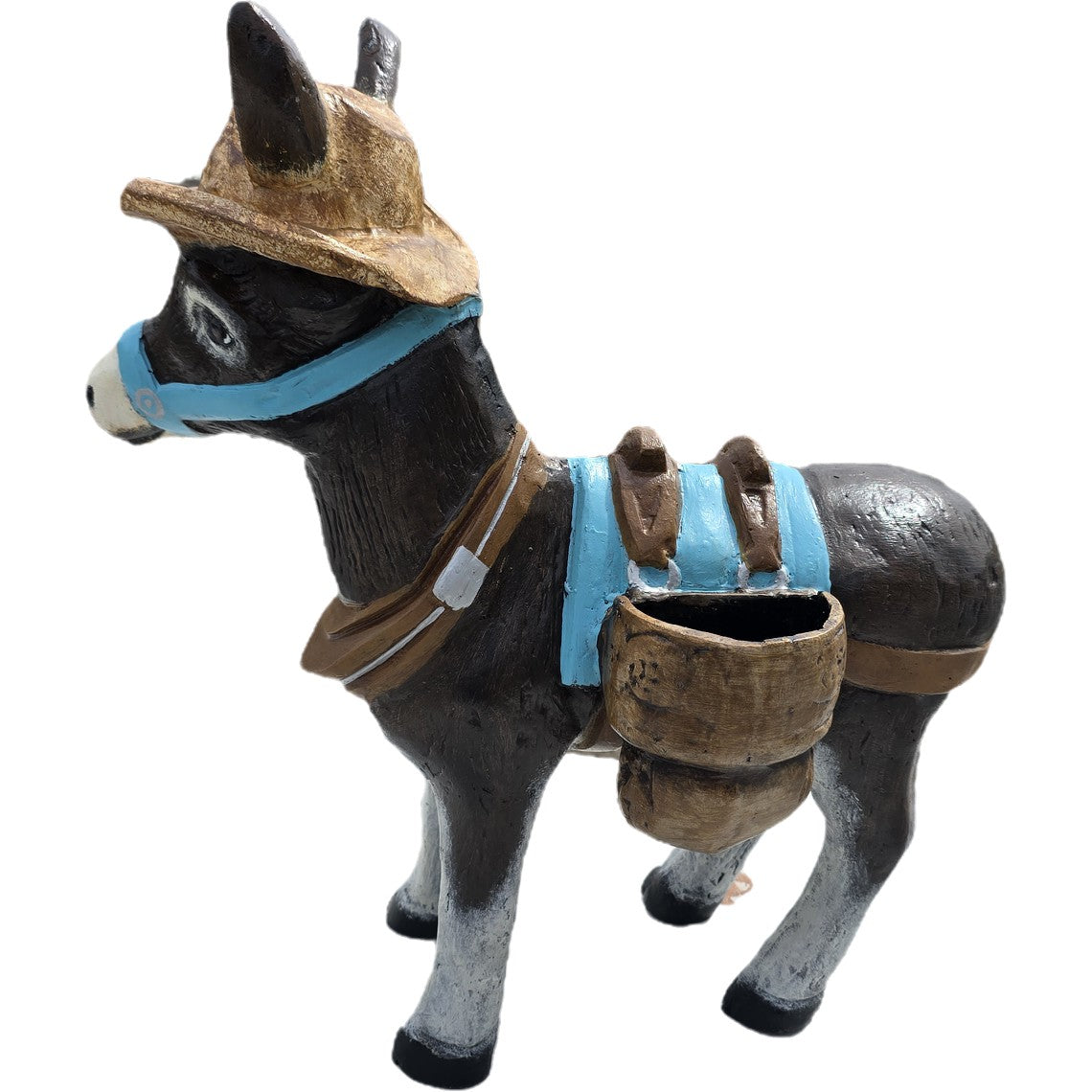 Cast aluminum donkey statue with hat and saddle, outdoor yard decor