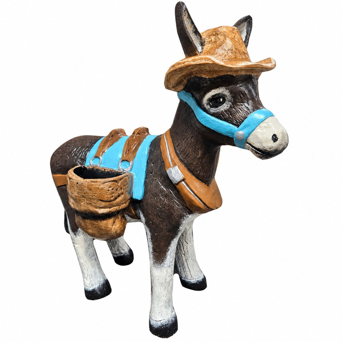 A painted donkey figurine or garden statue wearing a tan cowboy hat, brown harness, and bright blue bridle, with a small brown side pouch, shown on a plain white background.