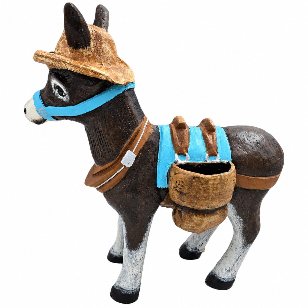 A decorative figurine of a donkey wearing a brown hat, blue bridle, and brown saddle with a blue saddlebag, shown on a plain white background.