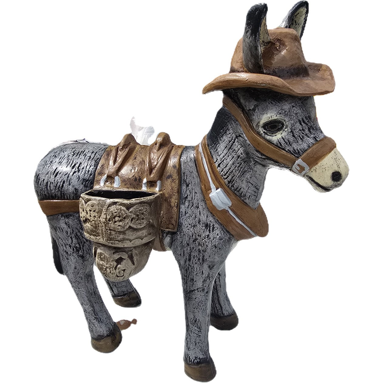 Cast aluminum donkey statue with cowboy hat and saddle, perfect for yard or home decor