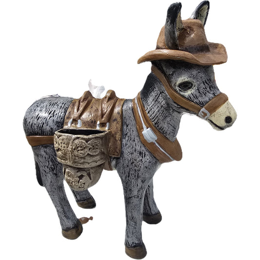 Cast aluminum donkey statue with cowboy hat and saddle, perfect for yard or home decor