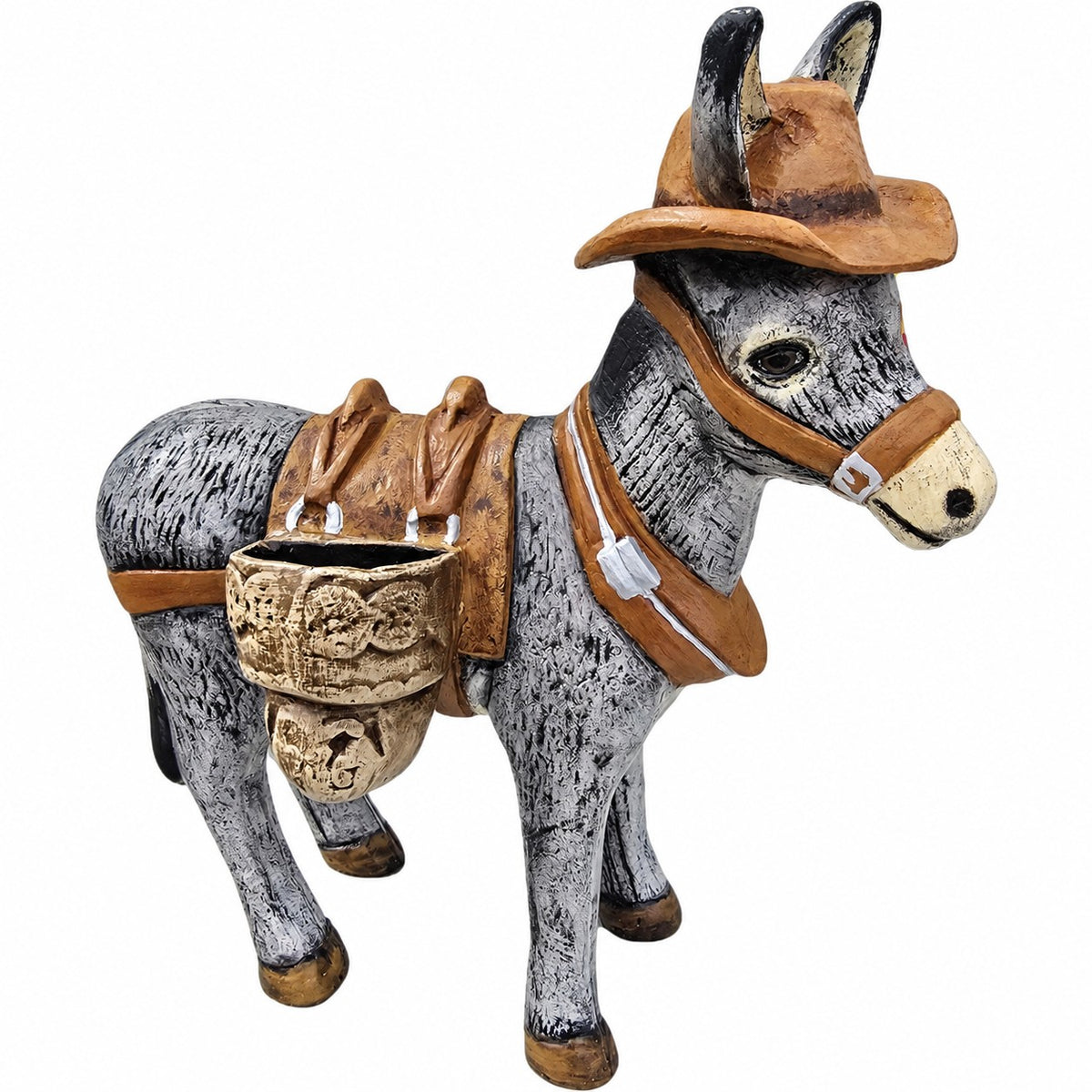 Cast aluminum donkey with brown cowboy hat and baskets for indoor or outdoor use.
