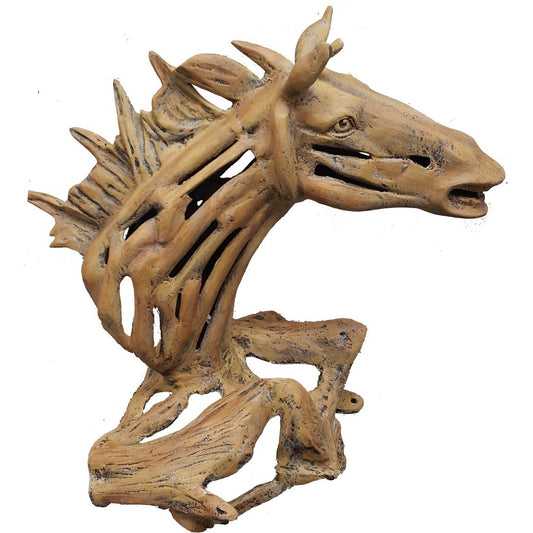 Cast aluminum horse head wall decor with rustic, skeletal design for outdoor or home accent