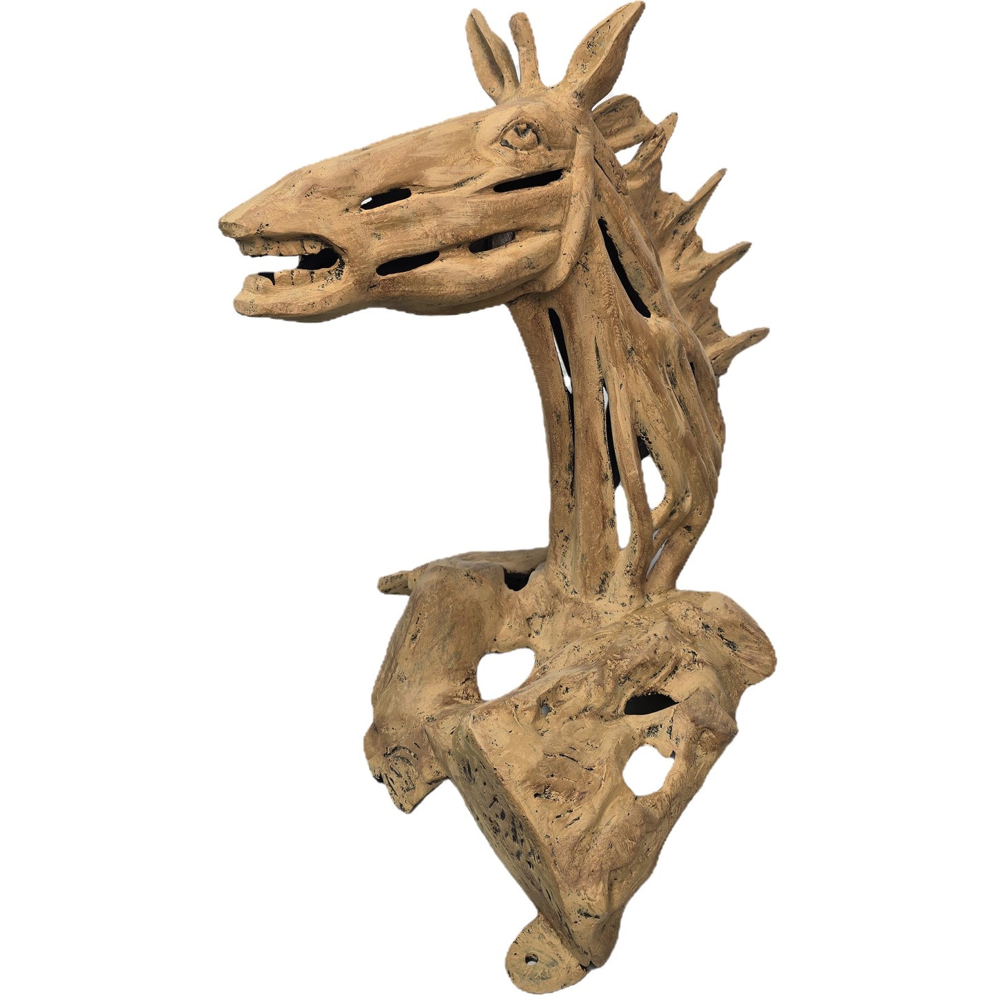 Cast aluminum horse head wall decor with rustic, weathered finish for outdoor or home accent