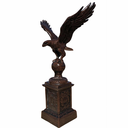 Cast aluminum eagle statue with spread wings on pedestal, outdoor yard decor