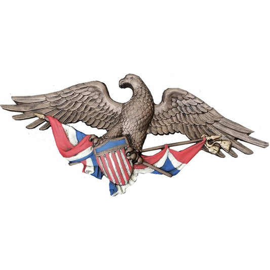 Cast aluminum eagle statue with American flag shield, patriotic yard decor
