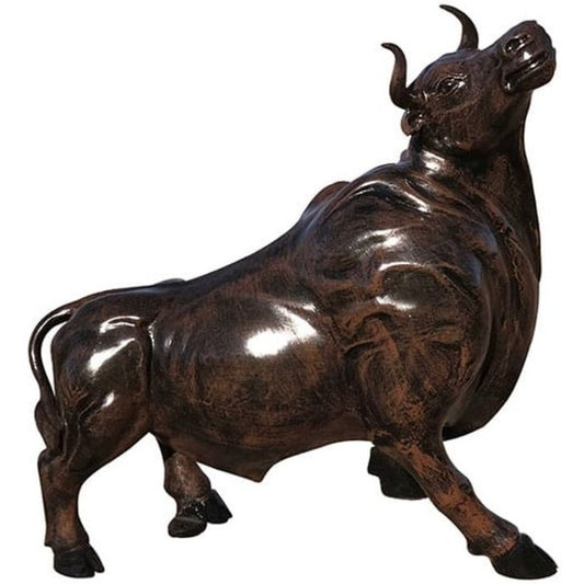 Cast aluminum bull statue for yard or home decor, featuring detailed craftsmanship and a dynamic pose.