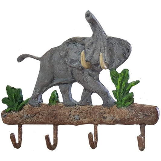 Cast aluminum elephant wall hook with green foliage, rustic finish, decorative home or yard accent