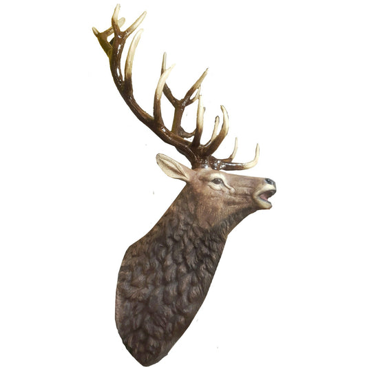 Cast aluminum deer head wall mount with detailed antlers for home or yard decor