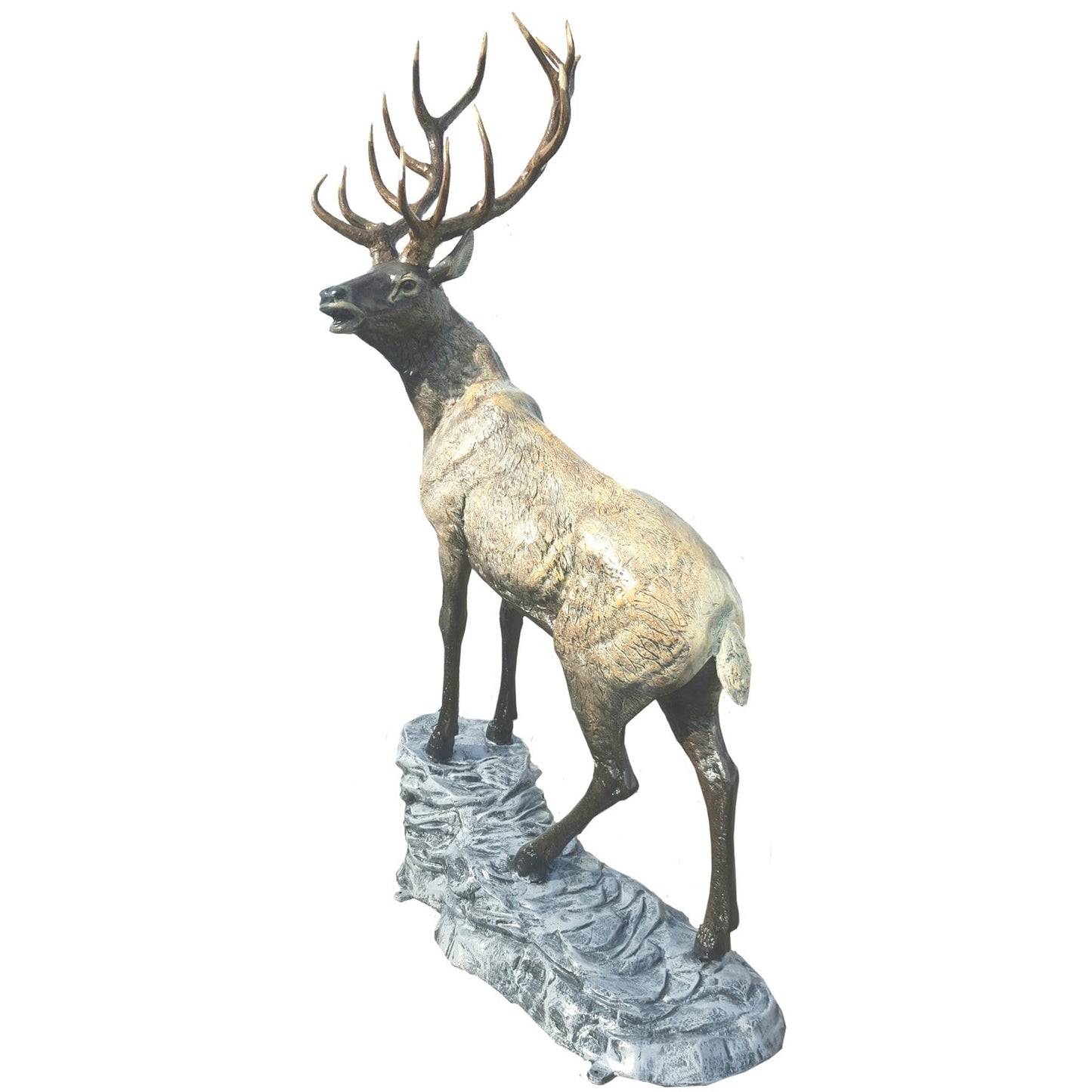 Cast aluminum deer statue with large antlers, standing on rocky base for yard or home decor