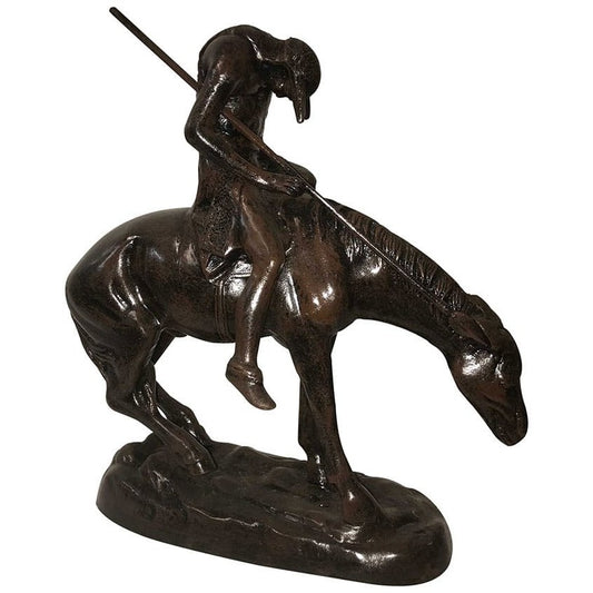 Cast aluminum statue of cowboy on horse with lasso, rustic outdoor decor