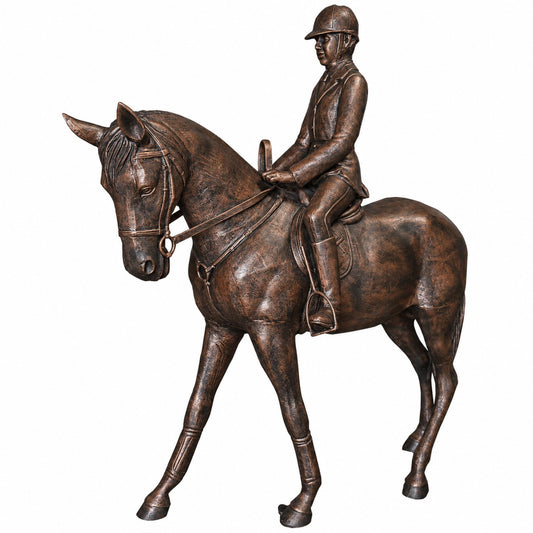 Cast aluminum equestrian rider in bronze color finished for residential or commercial decor.