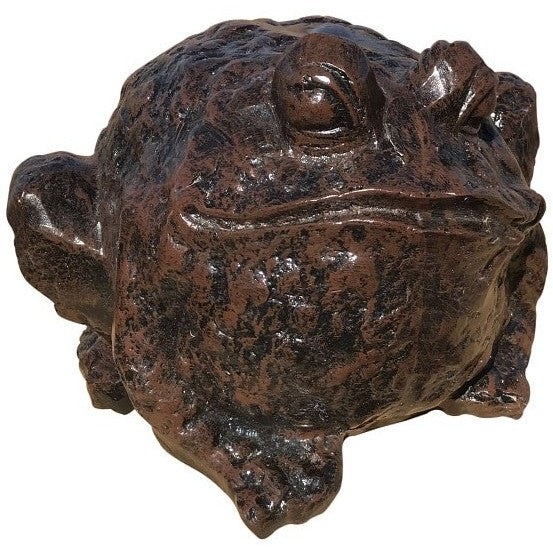 Cast aluminum frog statue for garden or yard decor, rustic bronze finish, detailed craftsmanship